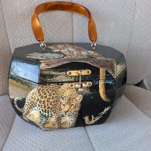 Vintage 70s Womens Bag Wood Lacquer Leopard Decopage